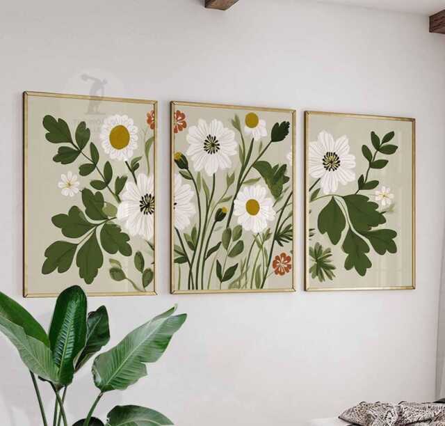 Botanical Flower Wall Art Set Of 3, Green & White Daisy Posters, Modern Print Set, Nature Inspired Decor - image 1