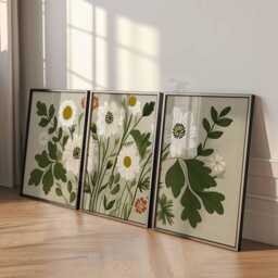 Botanical Flower Wall Art Set Of 3, Green & White Daisy Posters, Modern Print Set, Nature Inspired Decor - thumbnail 3