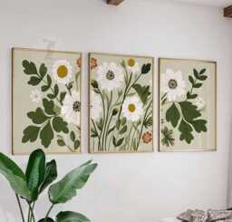 Botanical Flower Wall Art Set Of 3, Green & White Daisy Posters, Modern Print Set, Nature Inspired Decor - thumbnail 1