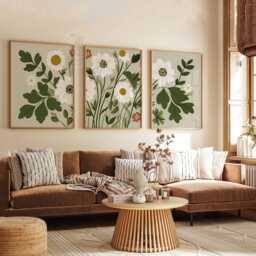 Botanical Flower Wall Art Set Of 3, Green & White Daisy Posters, Modern Print Set, Nature Inspired Decor - thumbnail 2
