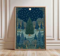 Enchanted Forest Poster, Illustration Style Christmas Wall Art, Starry Night Winter Landscape Print, Holiday Decor, Festive Artwork - thumbnail 1