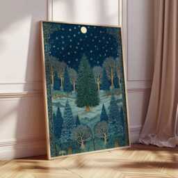 Enchanted Forest Poster, Illustration Style Christmas Wall Art, Starry Night Winter Landscape Print, Holiday Decor, Festive Artwork - thumbnail 2