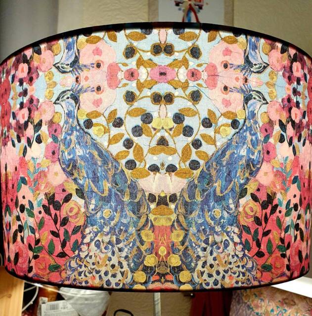 Handmade Decoupage Lampshade Pink Peacock Art Decor - image 1