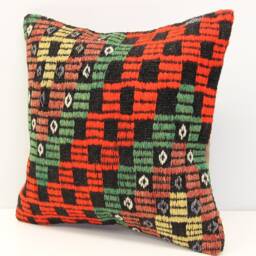Handmade Kilim Pillow Cover 16x16 Boho Decor - thumbnail 3