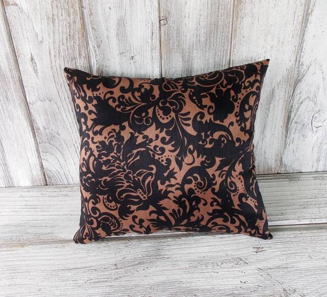Pillow Cushion Stuffed Throw Home Decor Silky Ornate Flower Fabric Black & Copper - image 1