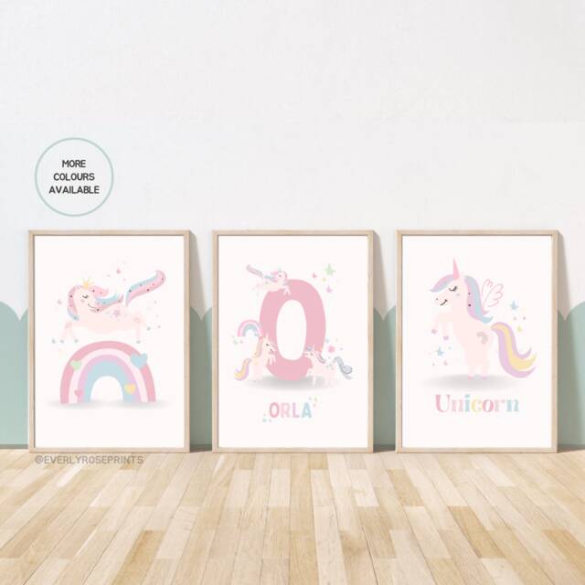 Set Of 3, Unicorn Prints, Personalised, Various Colours, A5 A4 A3 A2 A1, Girls, Nursery Decor, Wall Art, Boho, Theme - image 1