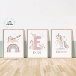 Set Of 3, Unicorn Prints, Personalised, Various Colours, A5 A4 A3 A2 A1, Girls, Nursery Decor, Wall Art, Boho, Theme - thumbnail 2