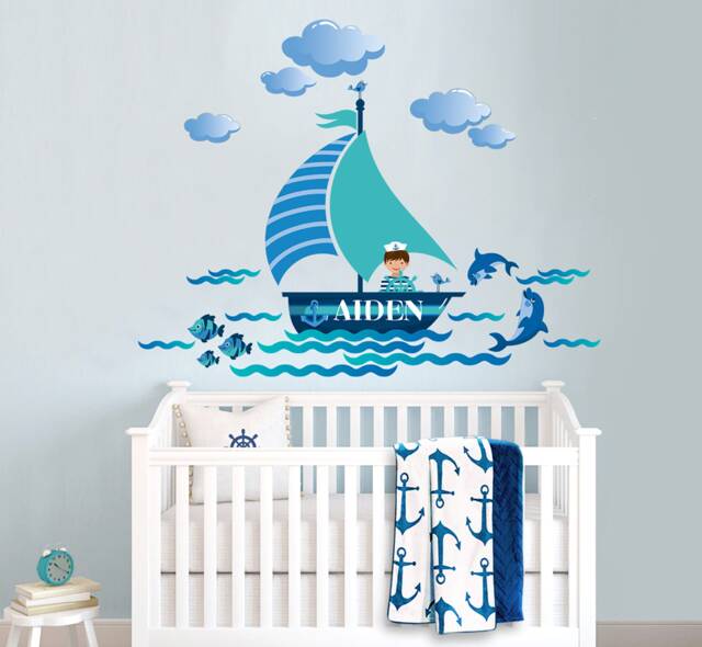 Nautical Personalized Repositionable Fabric Wall Decal Sticker For Nursery, Boy's Room Or Playroom, Sail Boat, Dolphins, Ship PVC Free - image 1