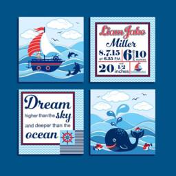 Nautical Personalized Repositionable Fabric Wall Decal Sticker For Nursery, Boy's Room Or Playroom, Sail Boat, Dolphins, Ship PVC Free - thumbnail 4