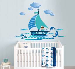 Nautical Personalized Repositionable Fabric Wall Decal Sticker For Nursery, Boy's Room Or Playroom, Sail Boat, Dolphins, Ship PVC Free