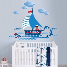 Nautical Personalized Repositionable Fabric Wall Decal Sticker For Nursery, Boy's Room Or Playroom, Sail Boat, Dolphins, Ship PVC Free - thumbnail 3
