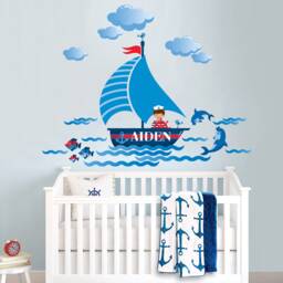 Nautical Personalized Repositionable Fabric Wall Decal Sticker For Nursery, Boy's Room Or Playroom, Sail Boat, Dolphins, Ship PVC Free - thumbnail 2
