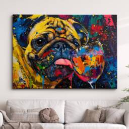 Pug Drinking Glass Of Wine Dog Pet Art Abstract Oil Painting Framed Poster Print & Canvas Wall Living Home Decor Interior Gift