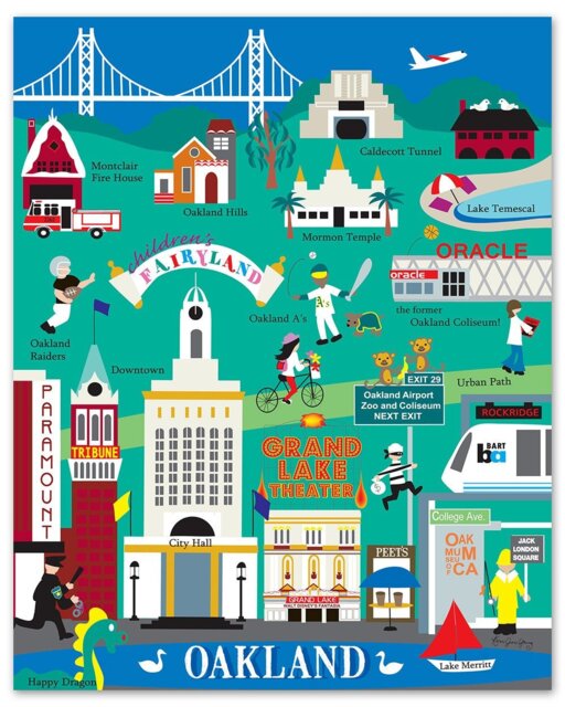 Oakland Map Skyline Print, Collage, Ca Baby Art, Loose Petals Vertical Style E8-O-Oak - image 1