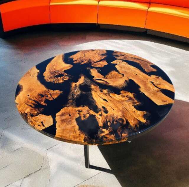 "Custom-Made Round Dining Table in Olive Wood, Epoxy Resin Artwork, River ""To Order" - image 1
