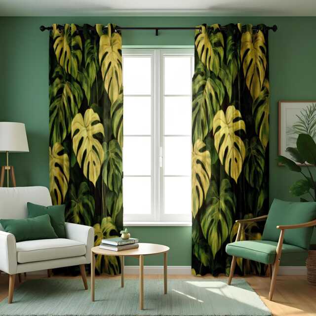 Green Monstera Curtains, Large Leaf Botanical Drapes, Custom Size Tropical Window Panels For Modern Home Interior - image 1