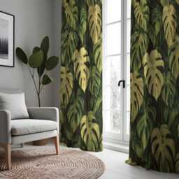 Green Monstera Curtains, Large Leaf Botanical Drapes, Custom Size Tropical Window Panels For Modern Home Interior - thumbnail 4