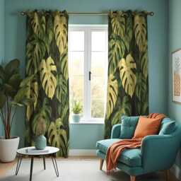 Green Monstera Curtains, Large Leaf Botanical Drapes, Custom Size Tropical Window Panels For Modern Home Interior - thumbnail 2