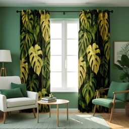 Green Monstera Curtains, Large Leaf Botanical Drapes, Custom Size Tropical Window Panels For Modern Home Interior - thumbnail 1