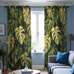 Green Monstera Curtains, Large Leaf Botanical Drapes, Custom Size Tropical Window Panels For Modern Home Interior - thumbnail 3