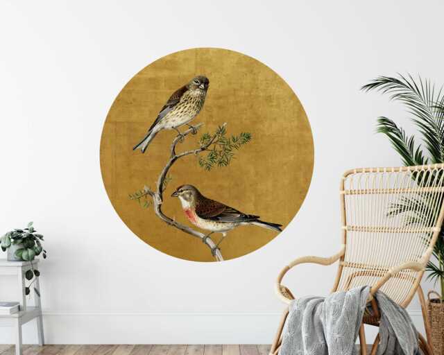 Vintage Birds On Branch Circle Wall Sticker - Two in Gold Background, Living Room Art, Nature Inspired Sticker - image 1