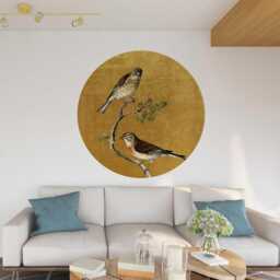 Vintage Birds On Branch Circle Wall Sticker - Two in Gold Background, Living Room Art, Nature Inspired Sticker - thumbnail 3