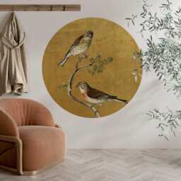 Vintage Birds On Branch Circle Wall Sticker - Two in Gold Background, Living Room Art, Nature Inspired Sticker - thumbnail 2