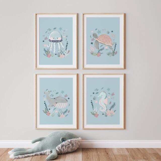 Set Of 4 Unframed Sea Animals Prints, Under The Ocean Print, Nautical Nursery Scandi Decor, Playroom Kids Wall Arts - image 1
