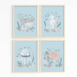 Set Of 4 Unframed Sea Animals Prints, Under The Ocean Print, Nautical Nursery Scandi Decor, Playroom Kids Wall Arts - thumbnail 2