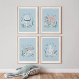 Set Of 4 Unframed Sea Animals Prints, Under The Ocean Print, Nautical Nursery Scandi Decor, Playroom Kids Wall Arts - thumbnail 1