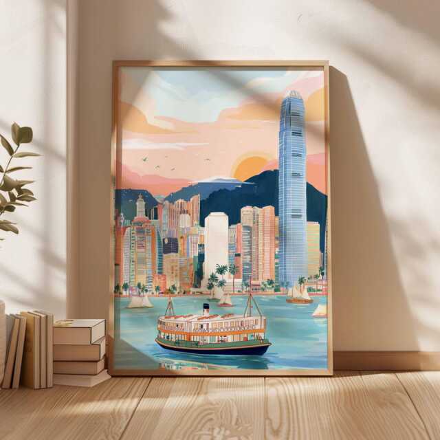 Hong Kong Skyline Poster Vibrant Asia Travel Art Print - image 1