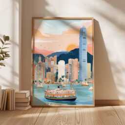 Hong Kong Skyline Poster Vibrant Asia Travel Art Print - thumbnail 1