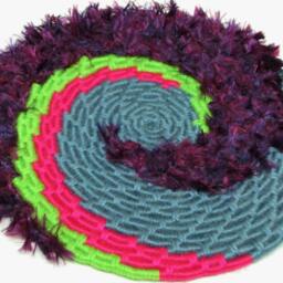 Bright & Colorful Spiral Disc Coiled Jute Fiber Wall Hanging - Hot Pink, Neon Green, Steel Blue with Feathery Purple Yarn - thumbnail 3