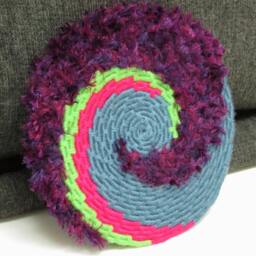 Bright & Colorful Spiral Disc Coiled Jute Fiber Wall Hanging - Hot Pink, Neon Green, Steel Blue with Feathery Purple Yarn - thumbnail 4