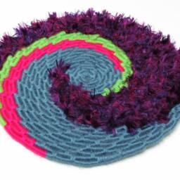Bright & Colorful Spiral Disc Coiled Jute Fiber Wall Hanging - Hot Pink, Neon Green, Steel Blue with Feathery Purple Yarn - thumbnail 2
