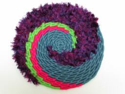 Bright & Colorful Spiral Disc Coiled Jute Fiber Wall Hanging - Hot Pink, Neon Green, Steel Blue with Feathery Purple Yarn