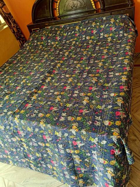 Blue Floral Decorative Kantha Quilt Indian Handmade Floral Print Gudri Blanket Bedspread Size Queen - image 1
