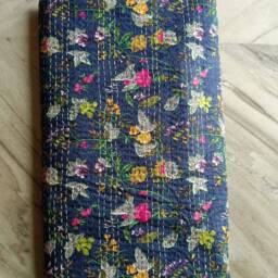 Blue Floral Decorative Kantha Quilt Indian Handmade Floral Print Gudri Blanket Bedspread Size Queen - thumbnail 4