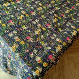 Blue Floral Decorative Kantha Quilt Indian Handmade Floral Print Gudri Blanket Bedspread Size Queen - thumbnail 2