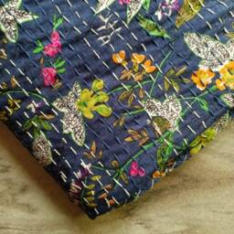 Blue Floral Decorative Kantha Quilt Indian Handmade Floral Print Gudri Blanket Bedspread Size Queen - thumbnail 3