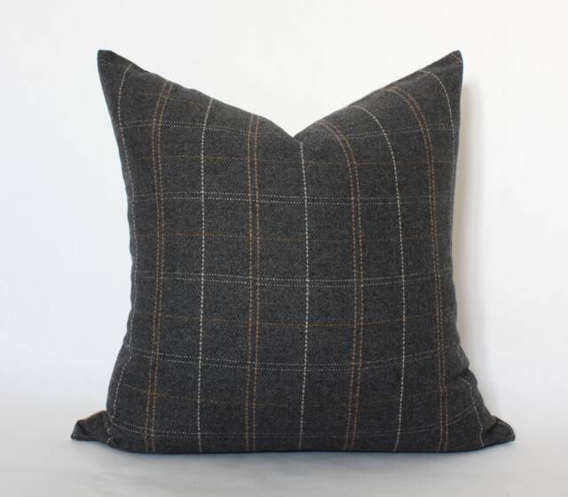 Plaid Throw Pillow, Moody Pillow Covers, Dark Gray Minimalist Cover, Black & Brown Windowpane Cover -- Glenton - image 1