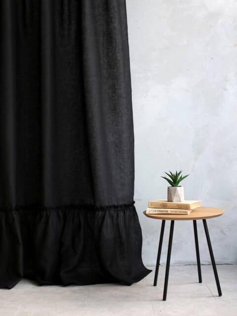 Black Linen Curtain, Ruffled Curtain Panel, Tab Top Ruffle Ruffled Linen Shower Curtain - image 1