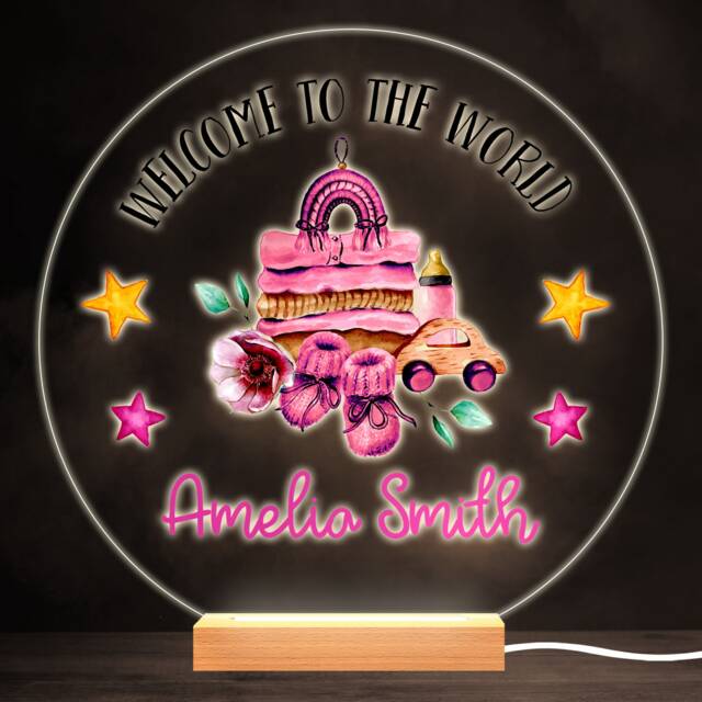 Welcome To World New Baby Girl Round Personalised Gift Lamp Night Light - Bedroom - image 1