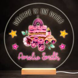 Welcome To World New Baby Girl Round Personalised Gift Lamp Night Light - Bedroom - thumbnail 1
