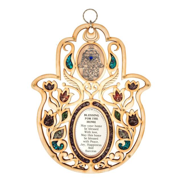 Matiel Wood Wall Hanging Hamsa Home Blessing Decorated with Gemstones Decor Religious Decor, Wedding Gift Favors Baptism - image 1