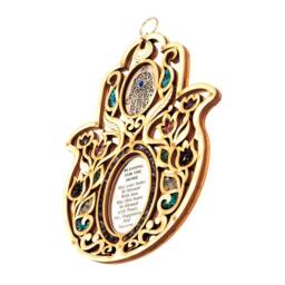 Matiel Wood Wall Hanging Hamsa Home Blessing Decorated with Gemstones Decor Religious Decor, Wedding Gift Favors Baptism - thumbnail 2