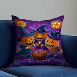 Halloween Pumpkin Cushion Cover, Spooky Jack-O'-Lantern Witches Pillow Case, Purple Fun Throw Cover For Sofa Or Kids Room - thumbnail 3