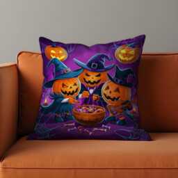 Halloween Pumpkin Cushion Cover, Spooky Jack-O'-Lantern Witches Pillow Case, Purple Fun Throw Cover For Sofa Or Kids Room - thumbnail 1