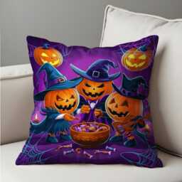 Halloween Pumpkin Cushion Cover, Spooky Jack-O'-Lantern Witches Pillow Case, Purple Fun Throw Cover For Sofa Or Kids Room - thumbnail 4