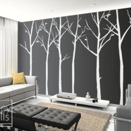 Thin Birch Trees Wall Decal, Forest & Birds Winter With Home Decor, Nursery Baby Room Decal - thumbnail 2